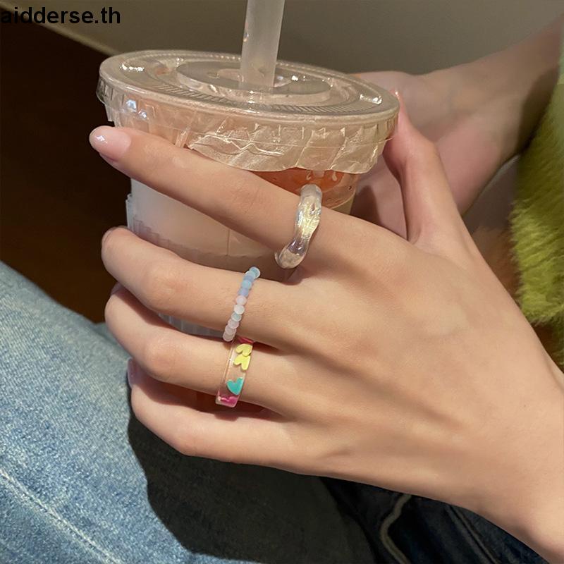 เกาหลี 3 ชิ้น / เซต ชุดแหวนเรซิน สําหรับผู้หญิง หัวใจ ลูกปัด แหวน เครื่องประดับ
