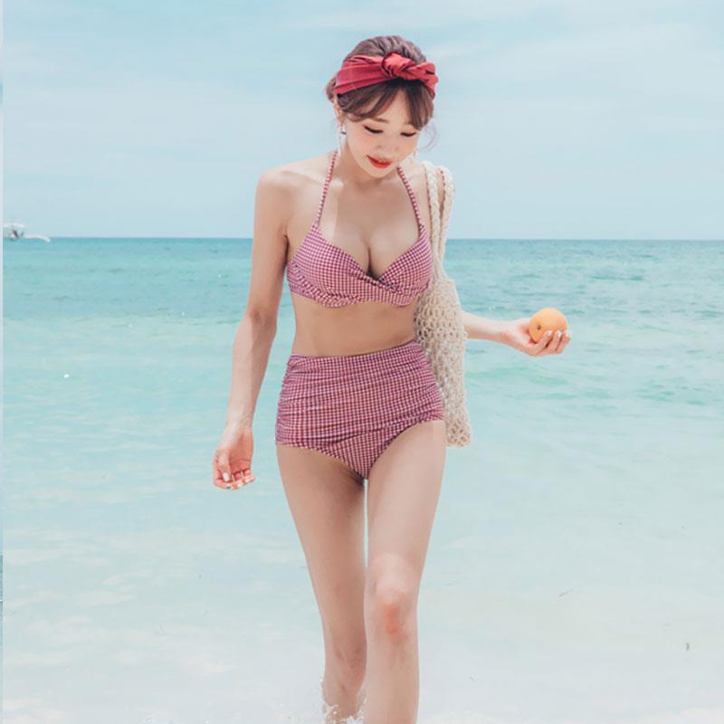 ⭐MKL⭐ชุดว่ายน้ำหญิง ทูพีช เอวสูง  ลายสก๊อตสีแดง น่ารัก เซ็กซี่ Sexy Bikini Two Pieces #YM1831
