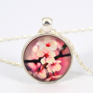 Suvani Jewelry - Pink Sakura Cherry Blossom Flower Glass Cabochon Art Picture จี้ดอกซากุระ พร้อมส่งสร้อยยาว 18 นิ้ว