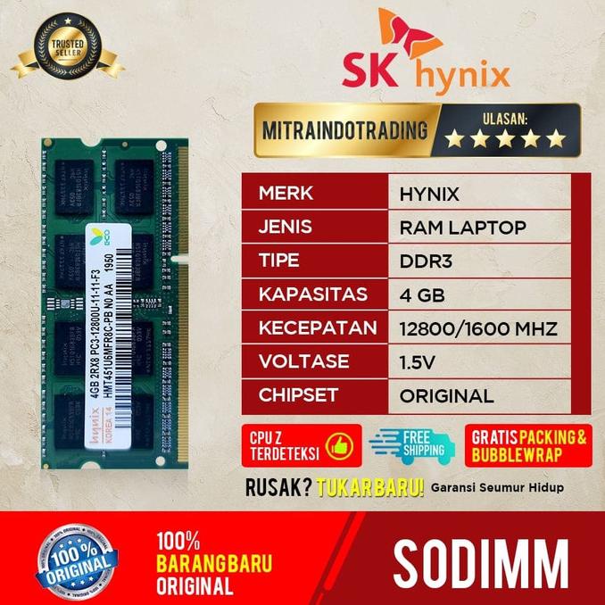 HRG DISKON RAM HYNIX SODIMM DDR3 4GB PC12800 NON L 1.5V LAPTOP iGuk