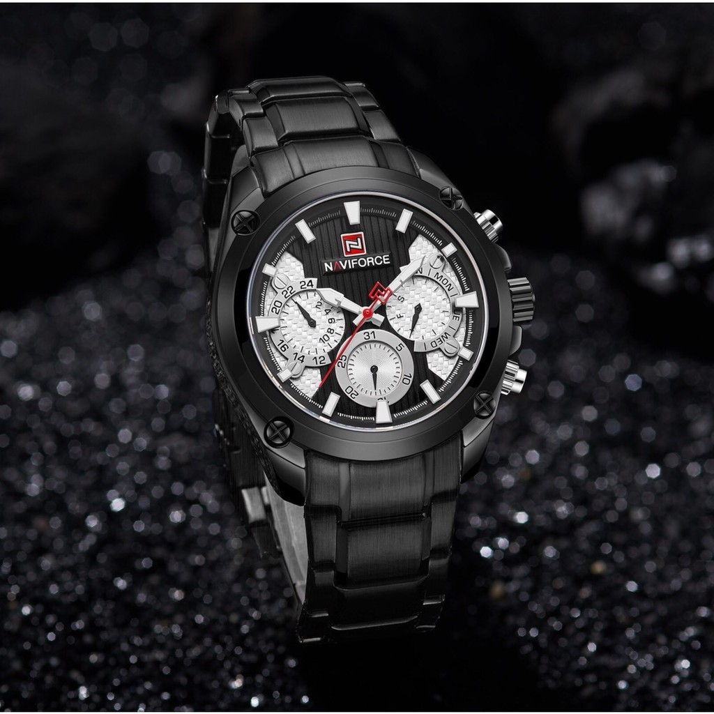 นาฬิกา naviforce แท้ ของแท้ รุ่น NF9113-B/W/B สายสแตนเลสรมดำหน้าปัดขาว กันน้ำ 30 เมตร รับประกัน 1 ปี