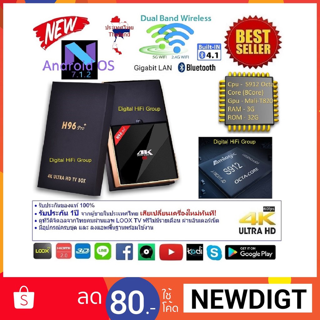 Android Smart TV Box H96 Pro+ Plus Octa Core Cpu S912 RAM 3G ROM 32G UHD 4K Android Nougat 7.1.2