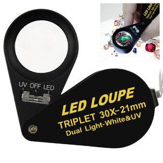 30x ขยายเครื่องประดับอัญมณี Loupe พร้อม UV และ 6 LED Light 21 มม. แก้วไม่มีสี Aplanatic Triplet แว่นขยายเลนส์โลหะ