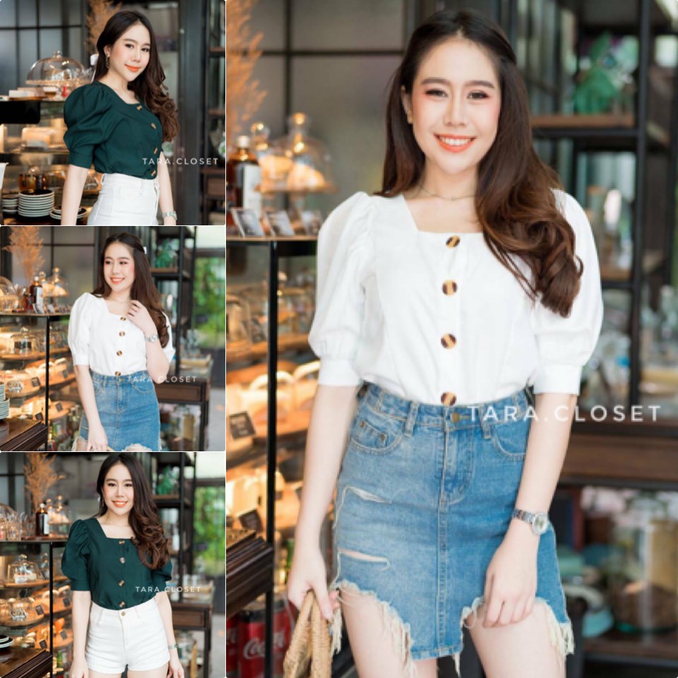 TUM039 TARA Sara เสื้อคอเหลี่ยม แขนพอง กระดุมหน้า ผ้าซาร่า ทรงสวย น่ารัก