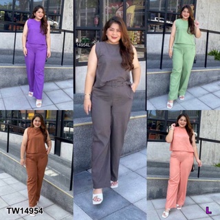 TW14954  Set 3 ชิ้น #BigSize เสื้อคอกลม แขนกุด มาคู่กับกางเกงขายาว มีเข็มขัดเข้าเซต