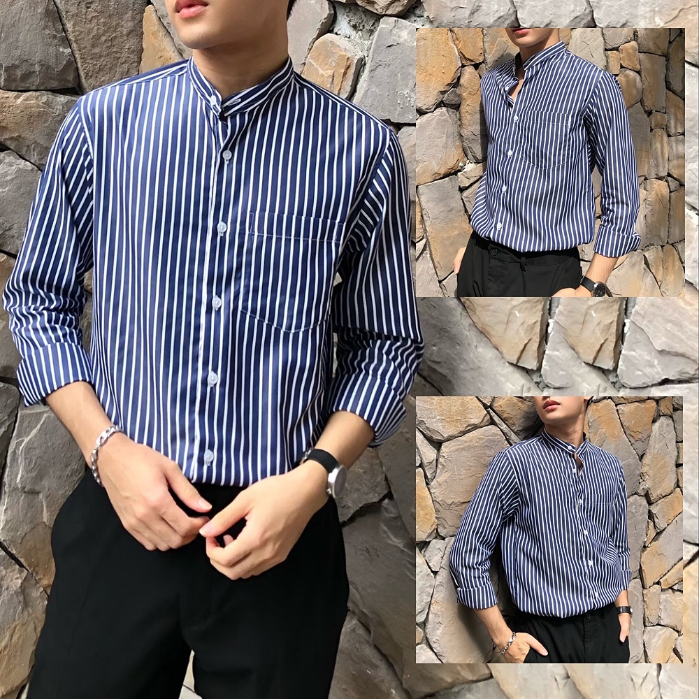 เสื้อคอจีน ลายทาง ขาว กรม เสื้อเชิ้ตชาย แฟชั่น ใส่เที่ยว ใส่ทำงาน WEES