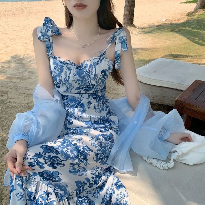 พร้อมส่ง 2022 แฟชั่นใหม่เวอร์ชั่นเกาหลีของฝรั่งเศสย้อนยุคชุดเดรสดอกไม้สไตล์รีสอร์ทเทพธิดาอารมณ์พัดซีอานกระโปรงถนน