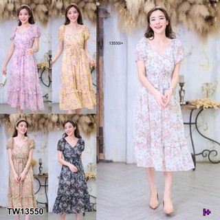 &lt;TW13550&gt;Maxi Dress 2 ชิ้น เดรสยาว คอวีไขว้หน้าเปิดไหล่แขนตุ๊กตาสม็อคหลังดีเทลต่อระบายมีซับในกระโปรง เนื้อผ้าชีฟองลายดอก