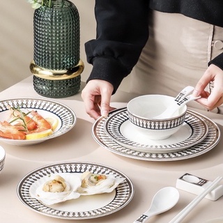  Tableware ชุดจานชาม ชุดจานชามเซรามิค จานชามเซรามิค ลายเหลี่ยมแต่งขอบทอง สไตล์ยุโรป งานพรีเมี่ยม มี ให้เลือก 2 แบบ