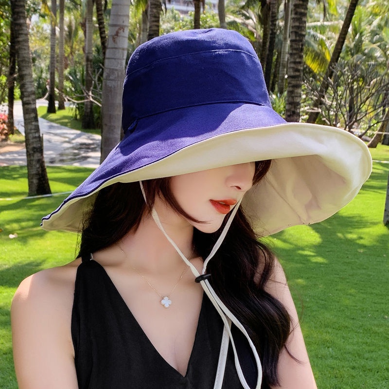 หมวกบักเก็ต bucket hat 2 ข้าง มีเชือกบังแดดใต้คาง ทรงสวย ผ้าหนา ม่านบังแดด ระบายอากาศ เวอร์ชั่นเกาหลี พับได้