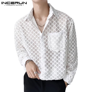 Incerun เสื้อเชิ้ตแขนยาว คอปก ซีทรู ทรงหลวม แฟชั่นสําหรับผู้ชาย