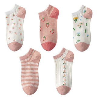 ถุงเท้าแฟชั้น ลายใบไม้สีเขียว แมวสีชมพู สตอเบอรี่ 1แพค 10คู่ - รูปที่ 6