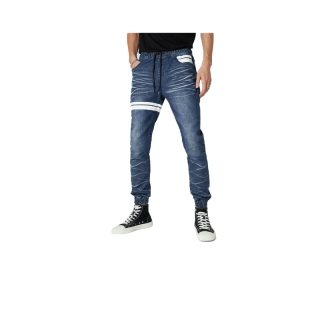 DAVIE JONES กางเกงจ็อกเกอร์ ยีนส์ เอวยางยืด ขาจั๊ม สีฟ้า สีกรม คาดหนัง Drawstring Denim Joggers GP0134NV DN