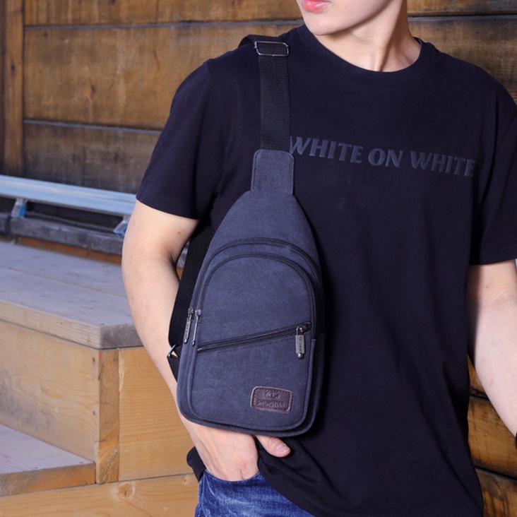 (w159)กระเป๋าคาดอกผ้าแคนวาสหนา มี5ช่อง ผ้าหนาใบใหญ่เท่ redskyzone