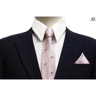 ANGELINO RUFOLO Set Necktie(เนคไท)+Pocket Square(ผ้าเช็ดหน้าสูท) ผ้าไหมทออิตาลี่คุณภาพเยี่ยม ดีไซน์ Flamingo