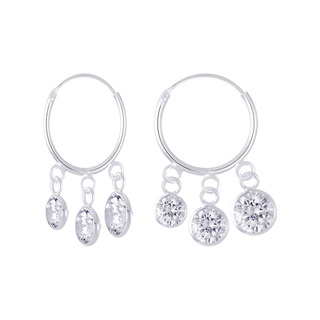 SILVER THAI 14mm Hoop earrings with charms 3 round CZ dangle silverต่างหูห่วงขนาด 14 มิลเงินแท้925ห้อยเพรชCZ