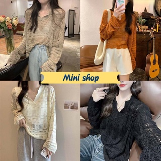 Mini shop🌸พร้อมส่ง🌸(81066) เสื้อถักไหมพรมแขนยาว คอวี ผ้สนิ่มใส่สบายมาก -C