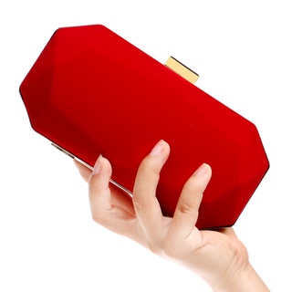 พร้อมส่ง Evening Clutch กระเป๋าออกงาน กำมะหยี่เนื้อนิ่ม สีแดง ทรงเหลี่ยม พร้อมสายโซ่