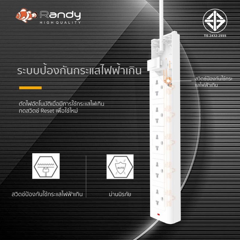 ∋✤▪🔥โค๊ดลด250บ.🔥Randy 2-6ช่อง ปลั๊กไฟ กันไฟสองชั้น มอก. 3M5M10M ปลั๊ก ปลั๊กไฟUSB 10A2300W  สาย100%ทอ