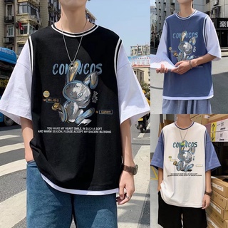 แฟชั่นฤดูร้อนเสื้อยืดคอกลมผู้ชายoversize แขนสั้น ทรงหลวม สไตล์สตรีท เกาหลีเสื้อยืดลายการ์ตูนไซส์ใหญ่ เนื้อผ้านุ่มใส่สบาย