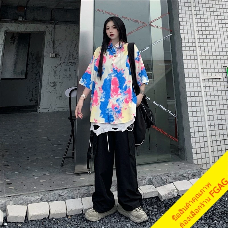 เสื้อเชิ้ตมัดย้อมแขนสั้นผู้หญิง oversize เสื้อผ้าแฟชั่นวินเทจ สไตล์เกาหลี เสื้อโอเวอร์ไซส์สีพาสเทล ไซส์ใหญ่ thumbnail 7