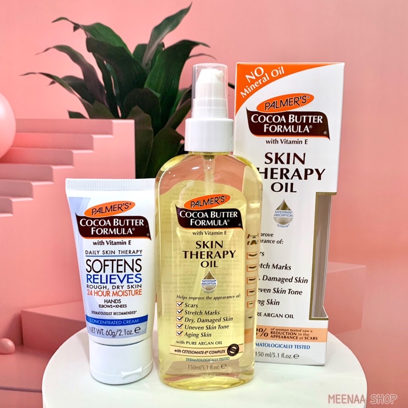 Plamer's Cocoa Butter Formula Skin Therapy Oil 150ml + Free softens relieves 60g. ฟรีครีมบำรุงเข้มข้