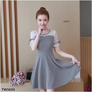 TW5699 Dress ชุดเดรสสั้นผ้าทอลายสก็อต ช่วงอกกับแขนแต่งลูกไม้ซีทรู