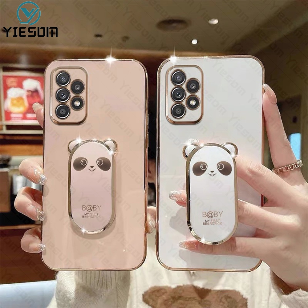 เคสโทรศัพท์มือถือ ซิลิโคนนิ่ม ทรงสี่เหลี่ยม ลายการ์ตูนหมีน่ารัก พร้อมขาตั้งพับได้ สําหรับ Samsung Galaxy A13 4G A23 A33 A53 A73 5G