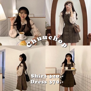 CHUUCHOP_พร้อมส่งC6040 / C6095🥨🎨💓Milan brown  เสื้อสีครีมและชุดเดรสเอี๊ยมสั้นลายสก็อตสีน้ำตาลเข้ม(ขายแยกชิ้น)