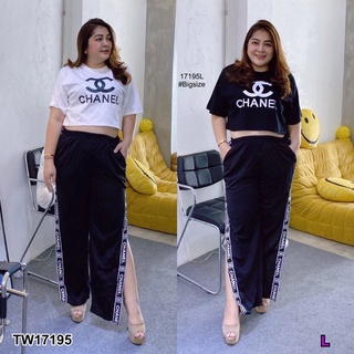 G17195 Set #Bigsize 2 ชิ้น เสื้อครอปสกรีนโลโก้ ผ้า คอตตอน + กางเกงขายาว