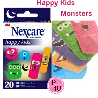 3M Nexcare Bandages Happy Kids 3เอ็ม เน็กซ์แคร์ พลาสเตอร์เยื่อกระดาษ ลายมอนสเตอร์ 20ชิ้น/กล่อง #10706