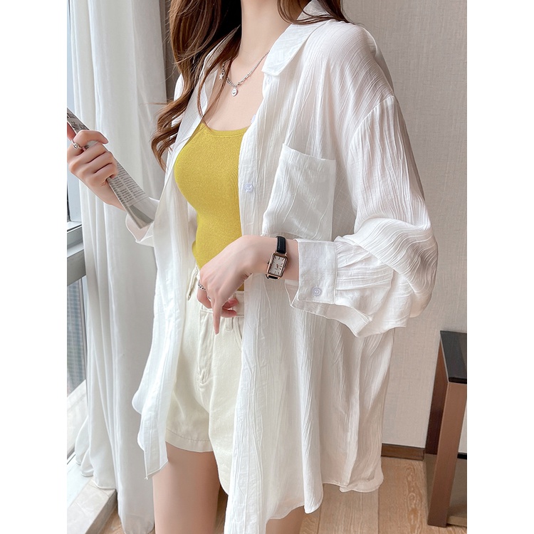 เสื้อเชิ้ตแขนยาวลําลอง แบบบาง ป้องกันแดด สีขาว แฟชั่นฤดูร้อน สําหรับผู้หญิง