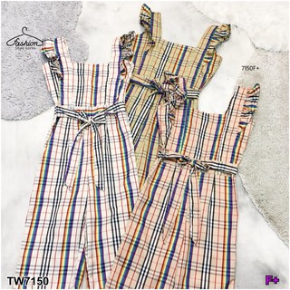 (7150) Jumpsuit ชุดจั้มสายระบาย เนื้อผ้าทอลาย Burberry