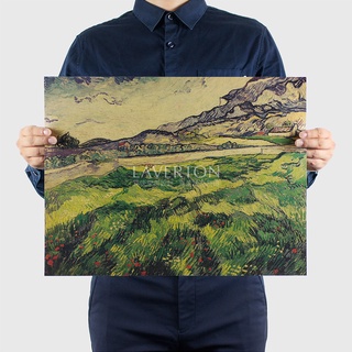 Van Gogh-Green Wheat Field/Nostalgic Retro โปสเตอร์กระดาษคราฟท์สําหรับติดตกแต่งผนังบ้าน 36X47ซม.