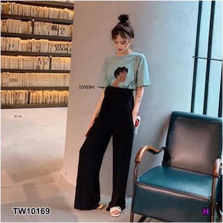 TW10169 Set 2 ชิ้น เสื้อยืดแขนสั้น ผ้าคอตตอน สกรีนอก + กางเกงขายาว ผ้ายืด รอบเอวยืดสม้อค ข้างเอวมีสายผุกเอว ใสเข้าเซท