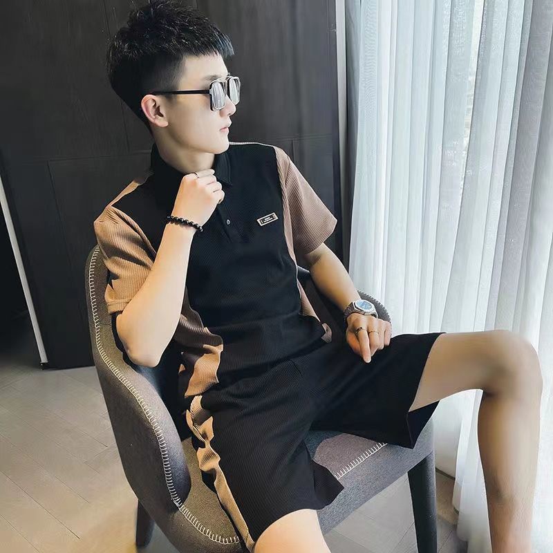 Summer Black/Beige Plaid Sets Men Slim Fashion Casual Short-sleeved T-shirt/Shorts Two-piece Men Korean Mens Short Sets M-2XL