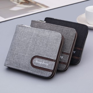 Japanese and Korean mens short wallet กระเป๋าสตางค์ผู้ชายผ้าแคนวาสชายหนุ่มสไตล์สั้นเรียบง่ายมีซิปสไตล์แนวนอนมัลติฟังก์ชั่นนักเรียนชายดินหนังคลิปเข็ม