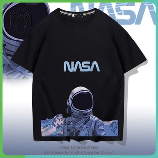 เสื้อยืดแขนสั้น ผ้าฝ้ายแท้ ทรงหลวม พิมพ์ลายนักบินอวกาศ nasa สไตล์ฮ่องกง ยุโรป และอเมริกา สําหรับผู้ชาย 230 กรัม