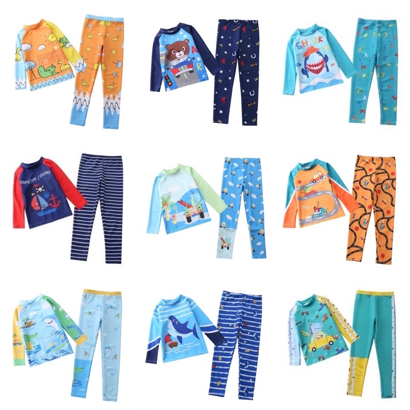 QQ Swimsuitชุดว่ายน้ำเด็กผู้ชายแขนยาวลายการ์ตูนแบบน่ารักมีเชือกผูก100cm-150cm พร้อมส่งจากไทย