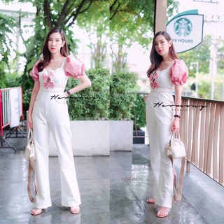 B12964 จั๊มสูทขายาว แขนพองสม็อค เว้าอกแต่งโบว์ Long-sleeve jumpsuit, smocked puff sleeves, bow-embellished bust.