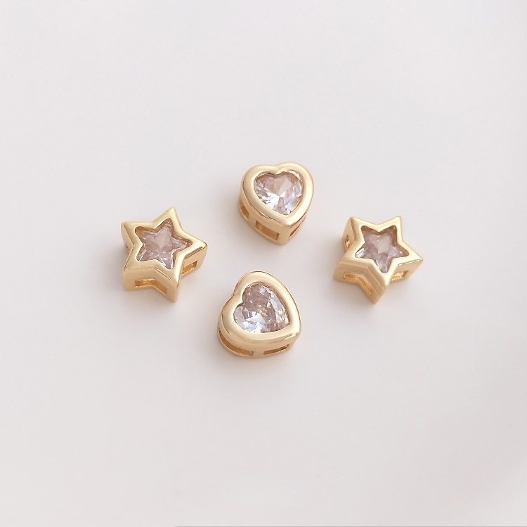 [สีฟ้าอ่อน] จี้ลูกปัดทองแดง 14K รูปหัวใจ ประดับเพทาย และดาวห้าแฉก แฮนด์เมด diy