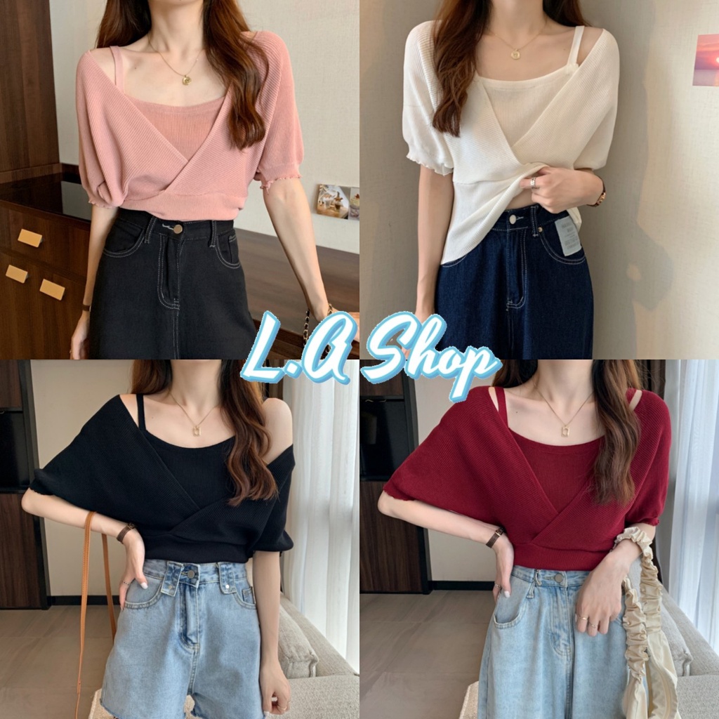 L.A Shop​ ​พร้อมส่ง เสื้อไหมพรม เปิดไหล่แชนสั้น ผ้าร่องนิ่มใส่สบาย มี6สี "3018"