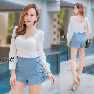 พร้อมส่ง-Paperdoll เสื้อครอปแพทเทินสวย เย็บดันทรง เสริมฟองน้ำ ซิปหลัง มาพร้อมซับใน แมทคู่กับขาสั้นผ้ายีนส์