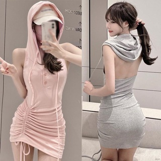 ชุดเดรสสําหรับสตรีแขนกุดมีฮู้ดทรงสลิม Bodycon เหมาะกับการเล่นกีฬา