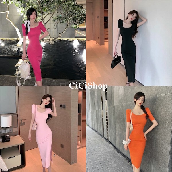 Cicishop(862)เดรสยาวไหมพรมแขนสั้นคอกว้าง ดีเทลผ่าด้านข้าง ผ้ายืดได้เยอะใส่สบายเริ่ดสุดๆ