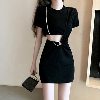 พร้อมส่ง🔥 ชุดเดรสสีดำสไตล์เกาหลีแขนสั้นคัตเอาท์กระโปรงทรงสกินนี่เซ็กซี่ผ้าใส่สบาย