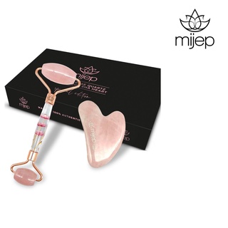 MIJEP Rose Quartz Face Roller &amp; Gua Sha - SPECIAL EDITION beautiful flower handle and Heart Gua Sha กัวซานวดหน้า