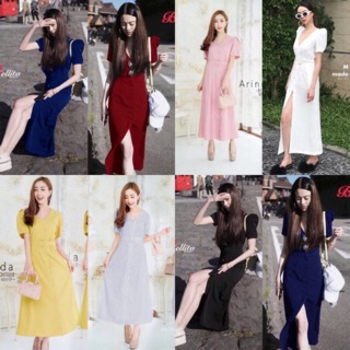14สี พร้อมส่ง Maxi dress คอวี แหวกสูง เดรสยาว🔥🔥 ชุดไปทะเล เดรสผู้หญิง เดรสสีชมพู เดรสสีแดง