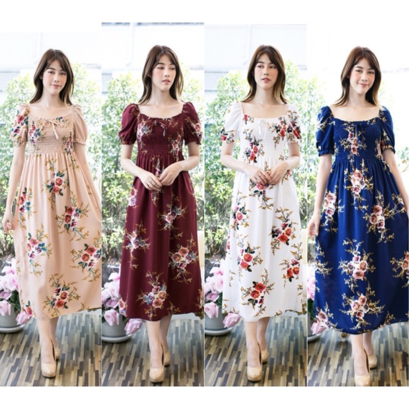 พร้อมส่ง เดรสยาวลายดอกแขนตุ๊กตา เปิดไหล่ได้ งานมาใหม่ลายสวยมากๆจ้า