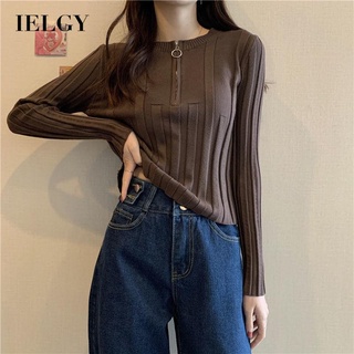 IELGY เสื้อกันหนาวลําลอง คอวี ผ้าถัก เข้ารูป มีซิป สีพื้น เข้ากับทุกการแต่งกาย สไตล์เกาหลี